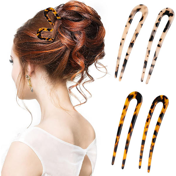 4 stycken U-formade hårnålar i fransk stil av cellulosaacetat sköldpaddsskal gaffelspännen uppsättning chignon spänne för kvinnor flickor frisyr accessoarer
