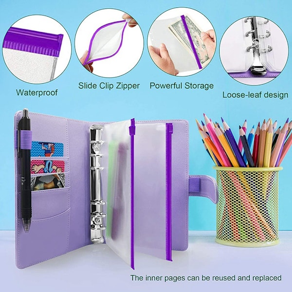 A6 PU Læder Budget Binder - 6 Rings Omslag til Budgetplanlægger (sort) Blue