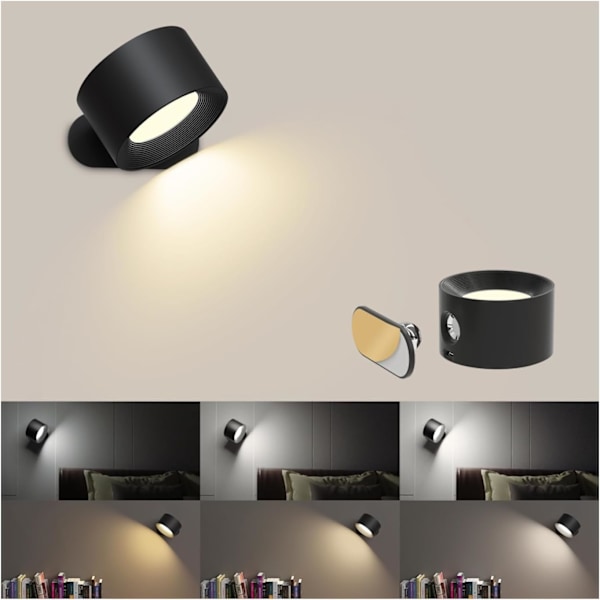 LED Væglampe med 360° Justerbar Belysning, 3 Lysstyrkeniveauer, Touch Kontrol, Vægmonteret Lampe - 1 stk. Sort
