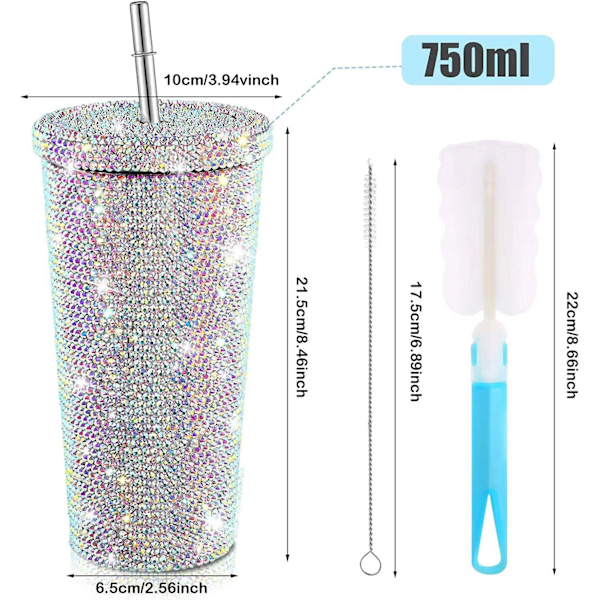 500ml Halmkopp med Lock Återanvändbar Rhinestone Rostfritt Stål Dubbelskikts Termosmuggar Kvinnor Glitterkopp Vattenflaska Present Red