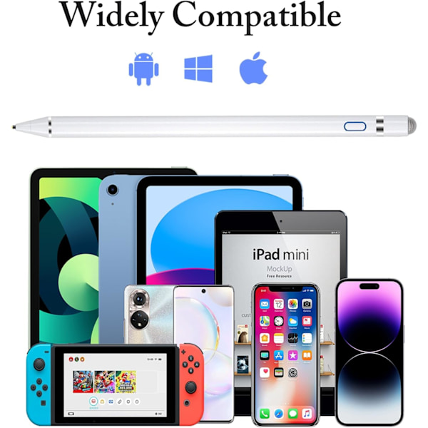 Stylus Penn, iPad Blyant Kompatibel for iOS, Android, iPad Air/Pro/Mini 2/3/4 og Mer, Oppladbar Penn for Nettbrett (Hvit)