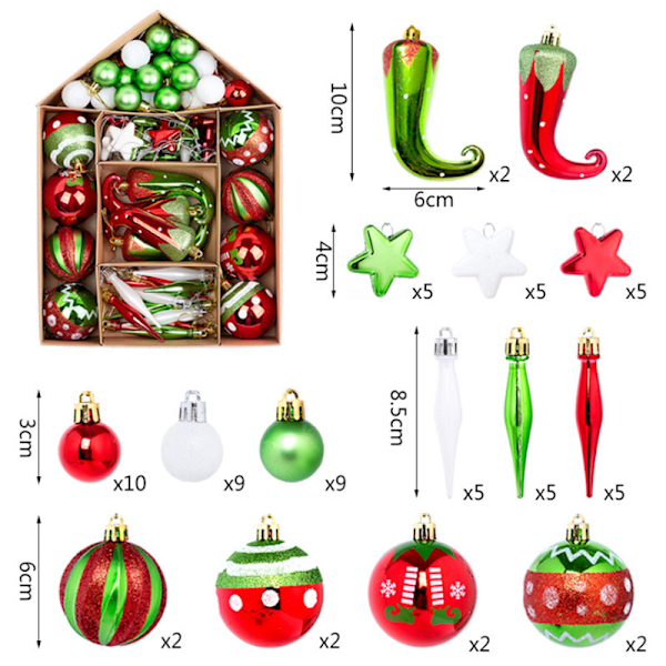 70 st 3-10 cm krossäkra julgranskulor, förtjusande tomte röd grön och vit julgranskulor för julgransdekoration