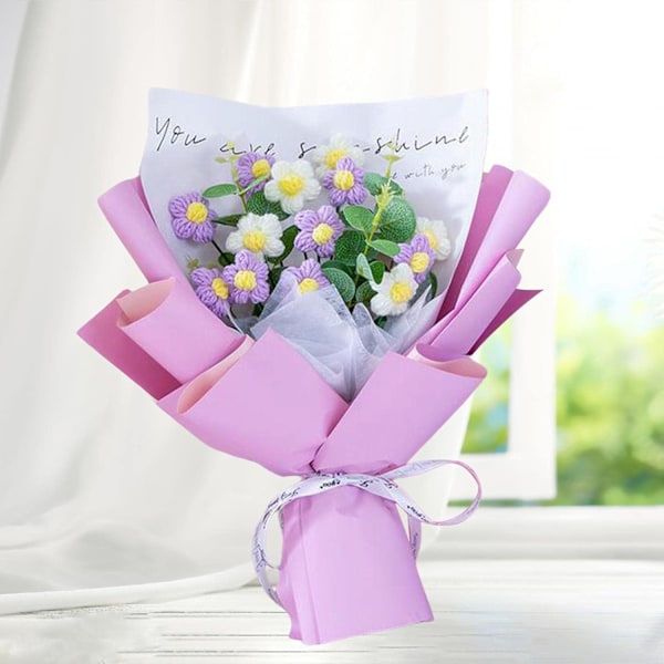 Hæklet Blomsterbuket Håndlavede Strikkede Blomster Dekor Vævet Buket Kunstige Blomster til Skrivebord Fest Ferie Foto Rekvisitter Purple