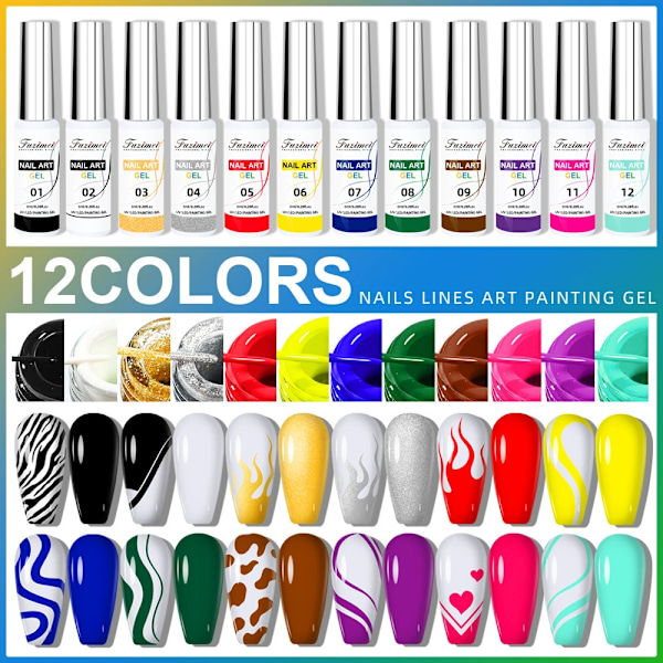 Gel Liner Nail Art Kit - 12 Farger Nail Art Gel Liner Neglelakk - Flerfarget Fransk Manikyr Malt Negledesign