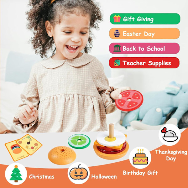 Träleksaker för hamburgare, Montessori-leksaker för småbarn, finmotoriska leksaker, pedagogiska inlärningsleksaker, matleksaker för 3, 4, 5 år Burger