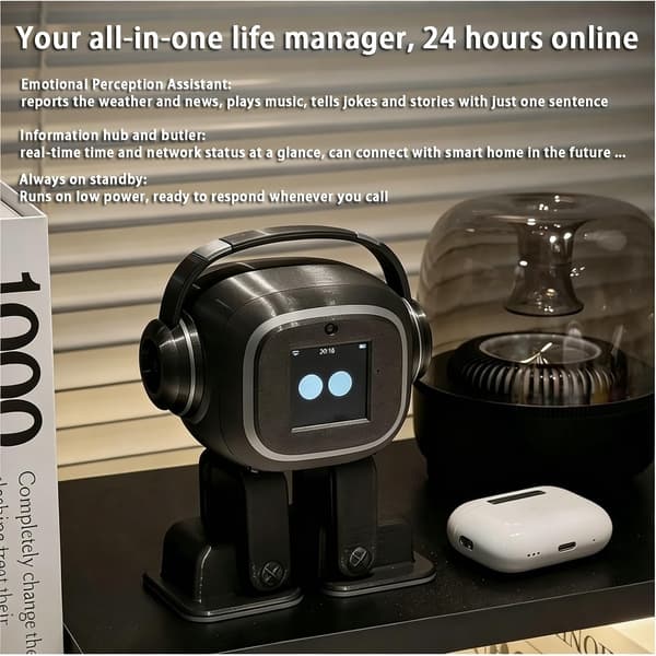 AI-ledsagerrobot til voksne | Desktop-humanoid med dynamiske udtryk og tilpasset vidensbase | 19 handlinger, 10 sprog | AI-kæledyr, Emo Black