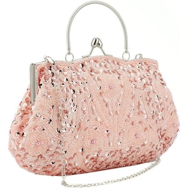 Blommig Designer Evening Bag Pärlstav Paljettdesign Vintage Satin Clutch Pink