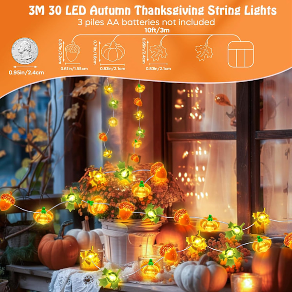 10ft 30 LED Pumpa Lönnlöv Ljus Batteridriven Fe Ljussträng Höst Skörd Bord Inomhus Höstdekor Halloween Festdekor