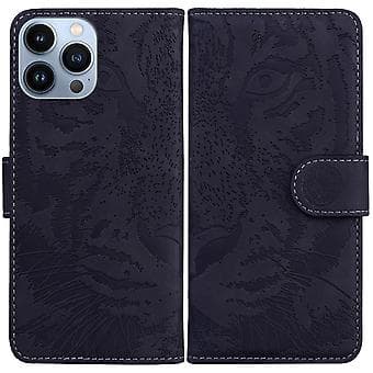 Tigerpräglad Läderfodral för iPhone 14 Pro Max (Svart)