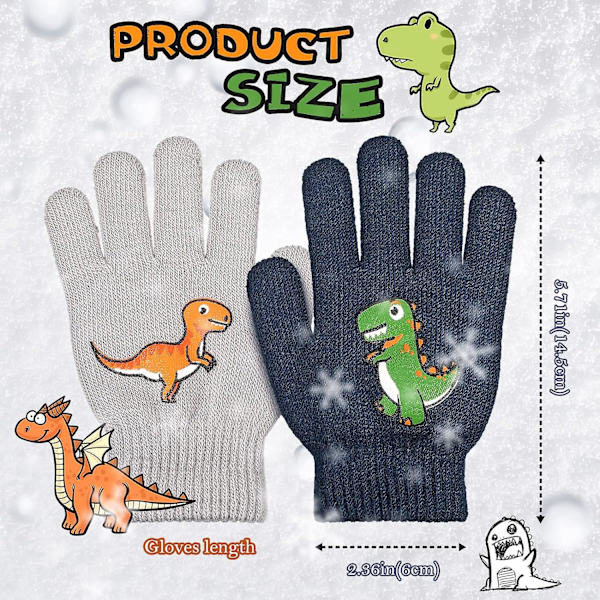 2 st stickade vinterhandskar - magisk stretch mjuk varm termisk full finger barn dinosauriemönster för pojkar flickor, marinblå och grå, svart, 6X3,34 tum