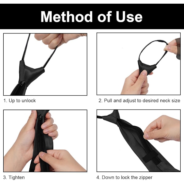 Slips for menn, svart ferdigknyttet slips for menn med glidefeste, justerbare slips for menn med glidelås