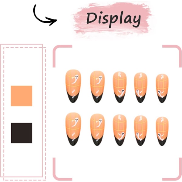 24 st Halloween falska naglar medium, mandelformade franska svarta kant falska naglar söta spökdesigner tryck på naglar