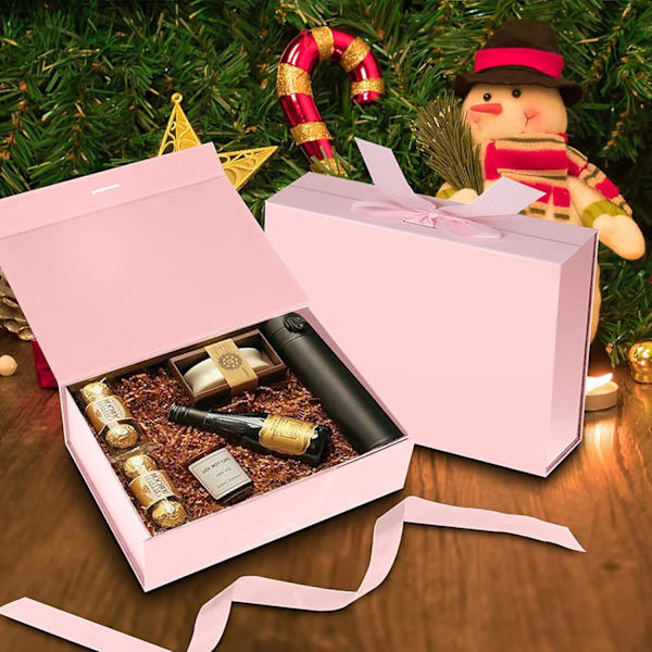 Presentask med rosett, magnetisk presentask med lock, återanvändbar presentförpackning, för födelsedag, jul, Alla hjärtans dag pink