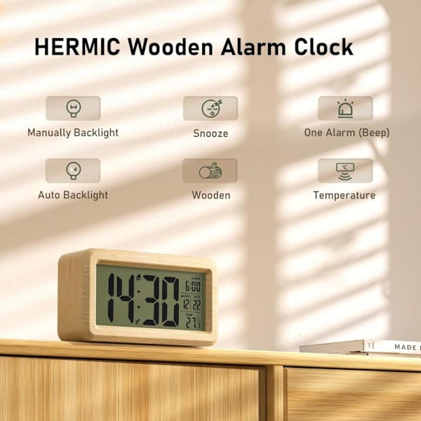 Digital väckarklocka, batteridriven träväckarklocka med stor LCD-display, datum, temperatur, automatisk ljussensor, snooze