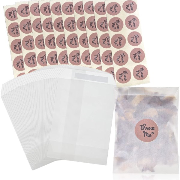 Bröllopskonfetti kronbladsförvaring papperspåsar 100 påsar + 100 klistermärken, set