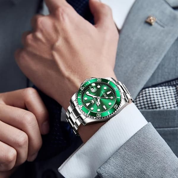 OLEVS Miesten Kellot Musta Green Dial/Silver Band
