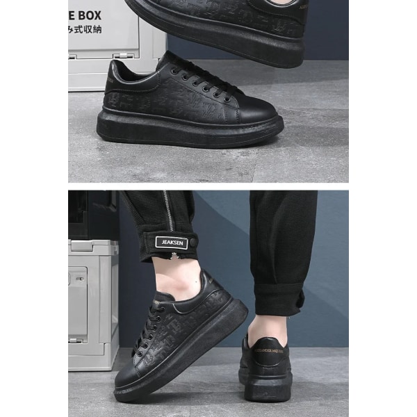 Mænd Små sorte sko Snørebånd tyk sål Casual sneakers Alsidige læder muffinsko forhøjet bordfodtøj til mænd Black 41