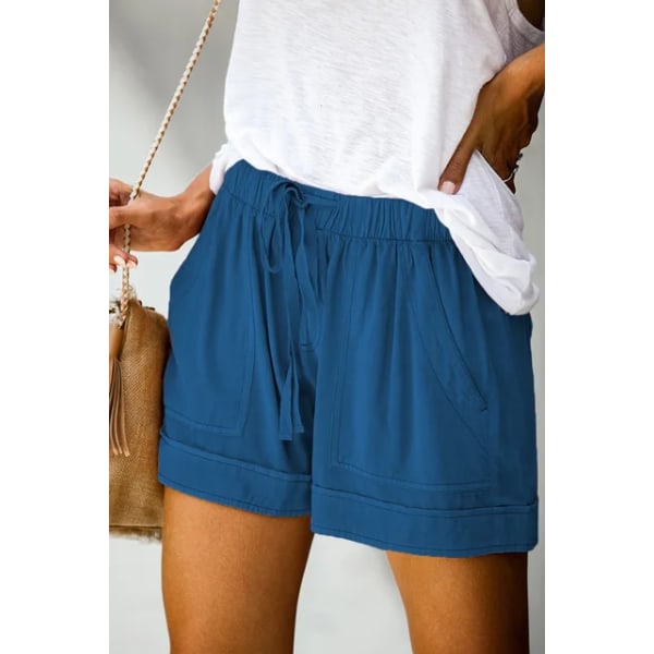 Uformelle shorts for kvinners sommer med høy midje snøring i løs kypert bukser med vidde ben Blue L