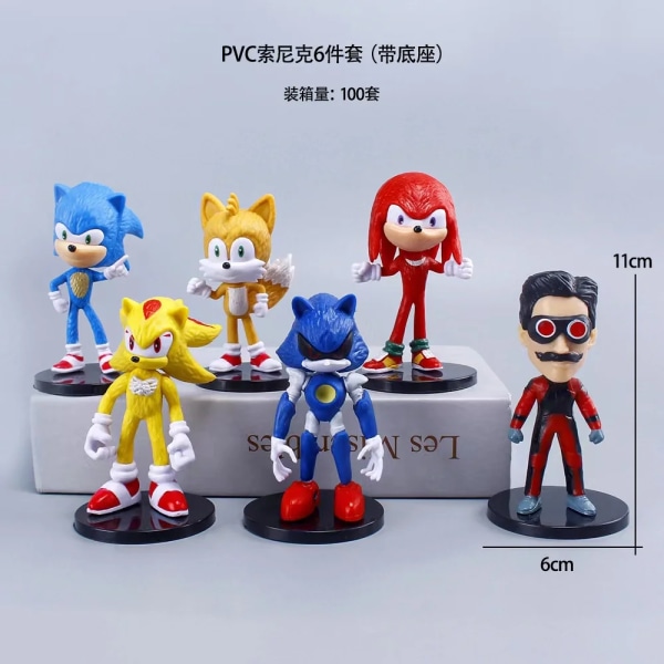 6st Set 11cm Söt Sonic PVC-karaktärleksak Hedgehog Shadow Svans Figurmodell Dockor Barn Djurleksak Födelsedagspresent C 6PCS No Box