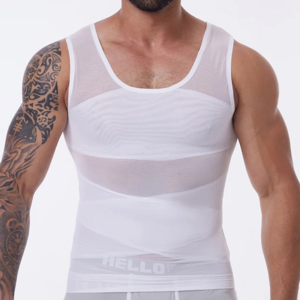 Kompressionsskjorte til mænd, slankende undertrøje, body shaper tanktop, gynækomasti, ærmeløs shapewear vest, mesh cross suit WHITE M