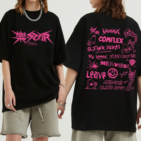Kpop Stray Kids Rock-Star Album Skjortor Dam Herr Streetwear Lösa kortärmade toppar Fans Support T-shirt Present black M