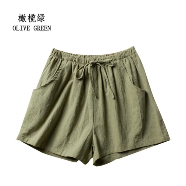 Avslappede lin shorts kvinner trening shorts bomull korte bukser høy midje shorts Olive Green L 60-70kg