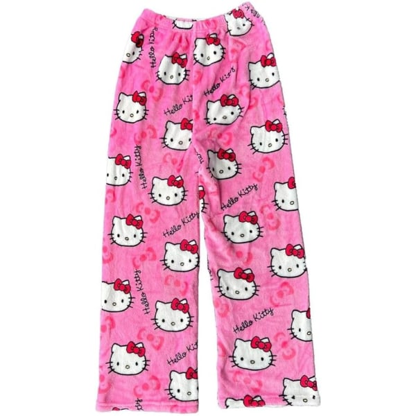 Anime Cartoon Pyjamas Byxor för Kvinnor Flickor Ungdom Söt Katt Flanell Bekväma sömnunderdelar Kawaii Casual Sleep Pyjamas Byxor Pink Medium