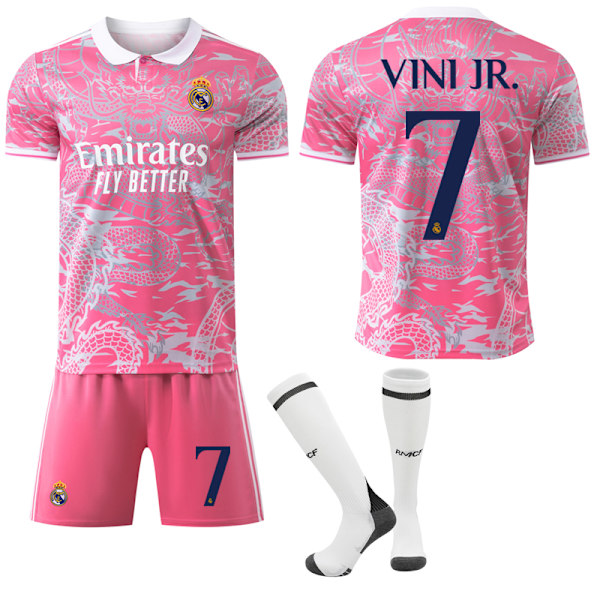 25-26 Real Madrid CF Rosa Drakmönster Special Jubileumsutgåva NO.7 VINI JR. Tröjor Barn Vuxen Fotbollsutrustning med Strumpor NO.7 XXL
