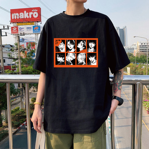 K-POP Stray Kids printed söt tecknad bomull T-shirt för män kvinnor black 7 4XL