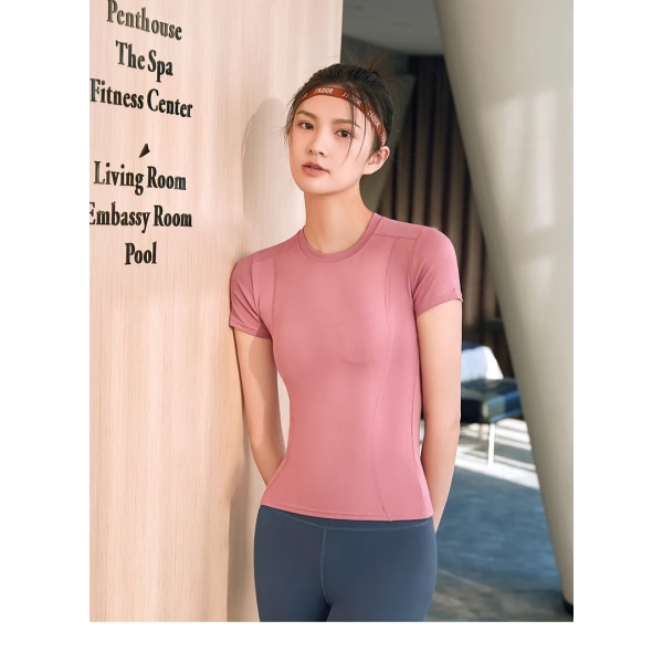 Naisten Urheilu Fitness Vaatteet Ohut juoksuhikeä imevät laiha joogavaatteet Nopeasti kuivuvat vaatteet Lyhythihainen T-paita pink XL