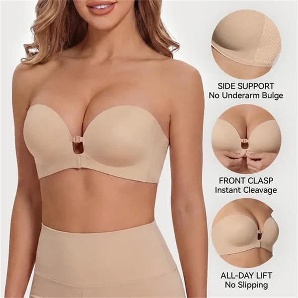 Stroppløs BH for kvinner med frontlukking og push-up, sklisikre avtakbare stropper, trådløs sømløs Skin Medium