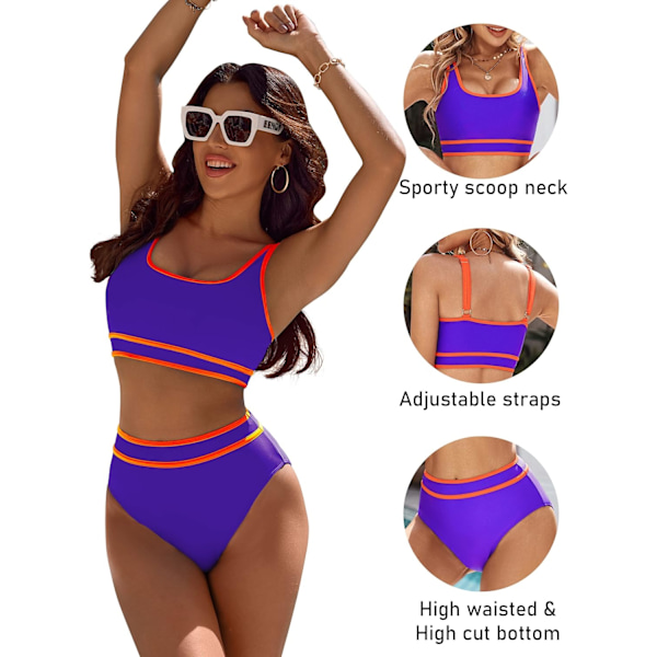 Bikinisett for kvinner med høy midje, sporty todelt badedrakt, fargeblokk, frekk høy utskjæring Deep Purple S