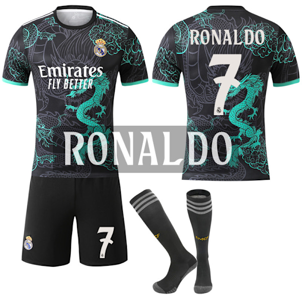 25-26 Real Madrid CF Svart Grön Färg Specialutgåva NO.7 RONALDO Tröjor Set Barn Vuxen Fotbollsutrustning med Strumpor NO.7 XL