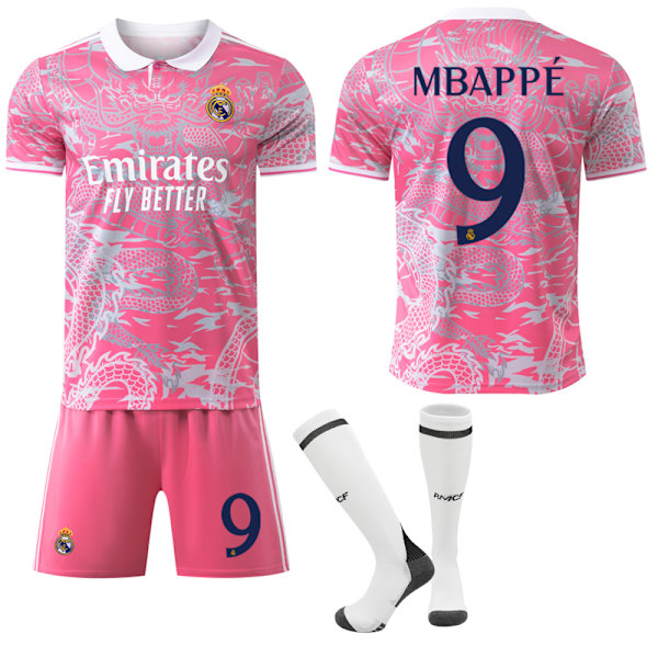 25-26 Real Madrid CF Rosa Dragemønster Spesiell Jubileumsutgave NO.9 MBAPPE Drakter Barn Voksen Fotballutstyr med Sokker NO.9 24