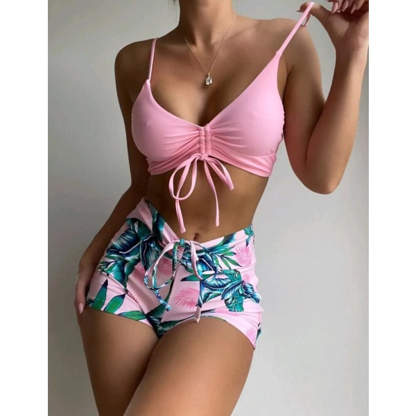 Tropiskt print Dragsko Bikini Dam Baddräkt med hög midja Badkläder Baddräkt pink S