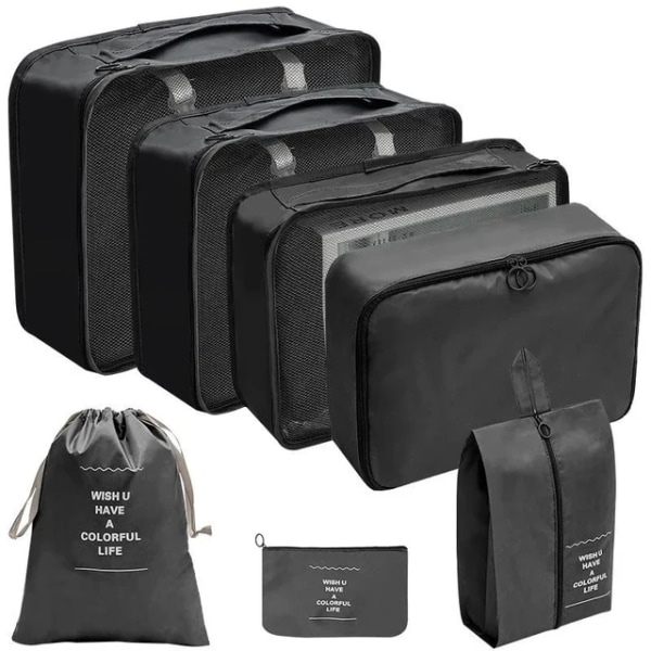 7 stk. sæt rejsearrangør opbevaringsposer kuffert pakning terninger sæt tasker bærbar bagage tøj sko ryddelig pung foldning 7 pcs black
