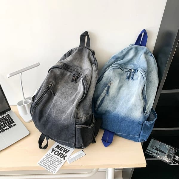 Rygsække til mænd og kvinder, skoletasker til studerende, vaskede denimtasker med stor kapacitet Black