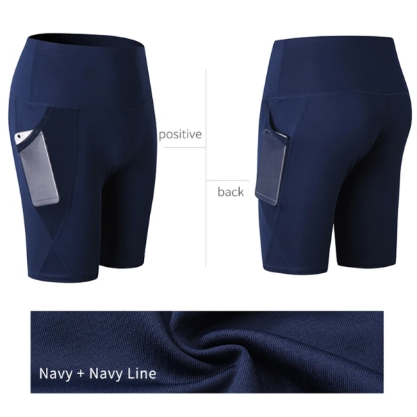 Sommer gymshorts kvinner høy midje kompresjon Quick Dry Yoga Shorts Fitness Running Push Up Shorts med lommer Navy blue L