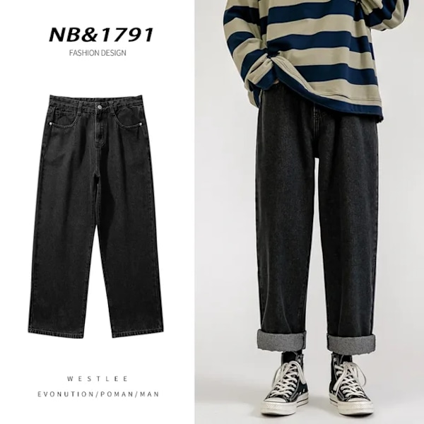 Koreansk mote Baggy Jeans for menn Klassisk All-match Ensfarget Rett-ben Denim Vide-ben Bukser Mann Lyseblå Grå Svart A S