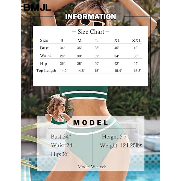 Dametøj Højtaljet Bikini Sæt Sporty Todelt Badetøj Farveblok Cheeky Høj Skåret Badetøj Deep Green XL