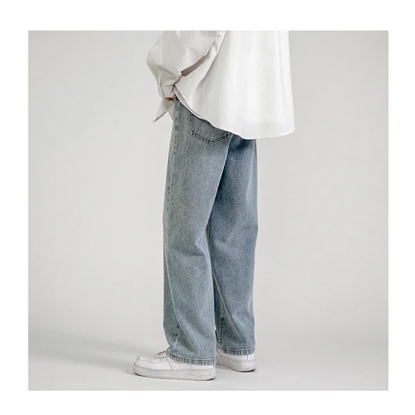 Koreansk mote baggy jeans for menn, klassisk all-match ensfarget rett-ben denim vidde-ben bukse mann lys blå grå svart E XXL