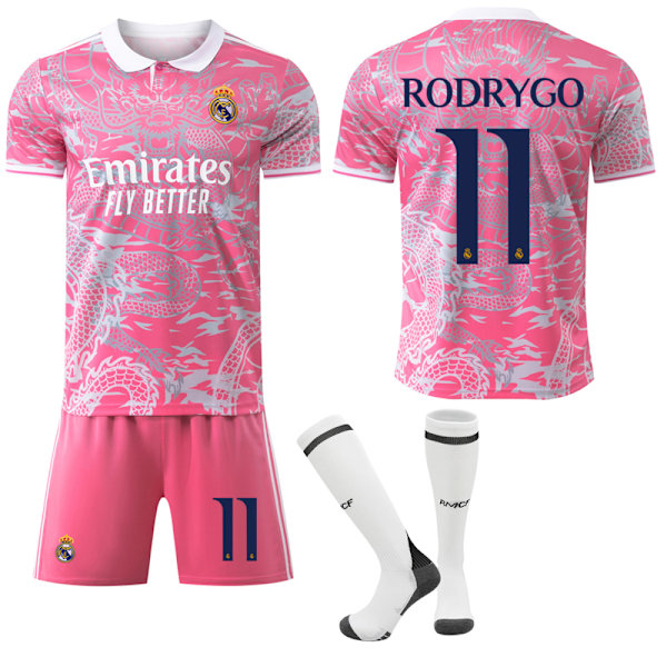 25-26 Real Madrid CF Rosa Drakmönster Special Anniversary Edition NO.11 RODRYGO Tröjor Barn Vuxen Fotbollsutrustning med Strumpor NO.11 XXL