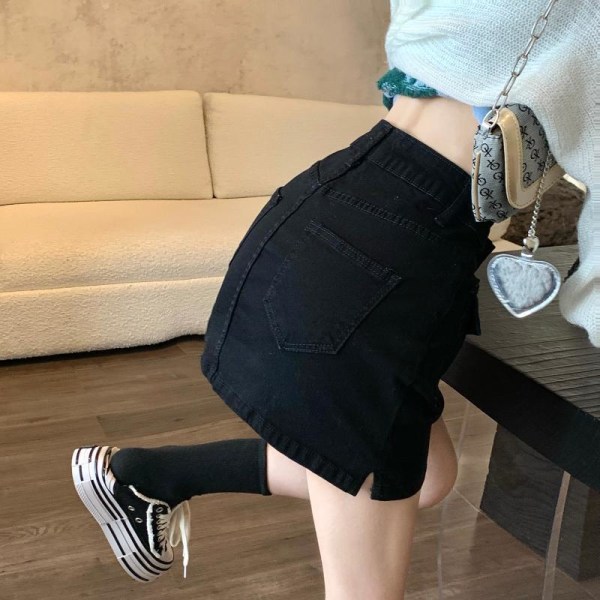 Sommer Denim Kort Nederdel til Kvinder Sexy Slim Høj Talje Wrap Hofte Mini Nederdele Kvinde Koreansk Chic Lommer Shorts Jeans Nederdel Black XL
