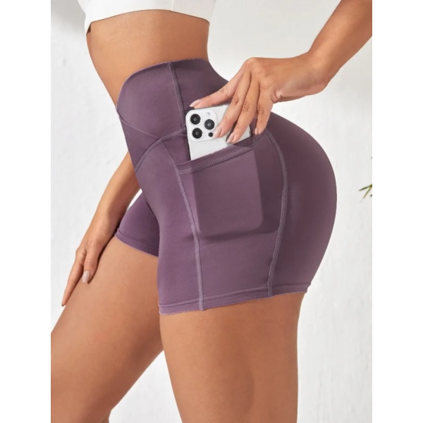 Kvinner Høy midje Yoga Sport Biker Shorts for Fitness Cross Waist Pocket Yoga Pant PURPLE L