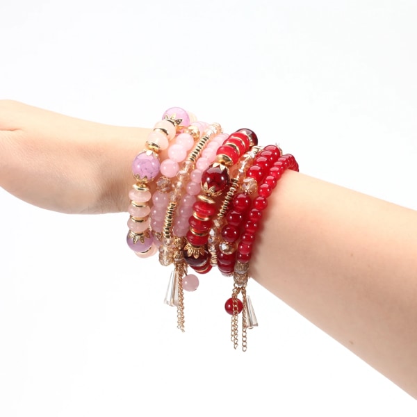 Bohemiska stapelbara pärlorarmband för kvinnor Flerskiktsarmband hängande Charm Stretch Armband red