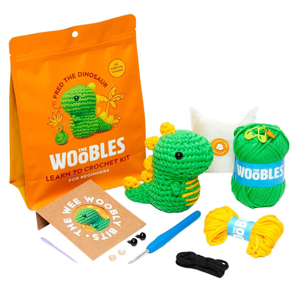 Woobles virkade set för nybörjare i enkelt ärtgarn, som setts på Shark Tank Dinosaur