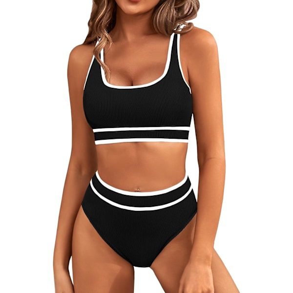 Dametøj Højtaljet Bikini Sæt Sporty Todelt Badetøj Farveblok Cheeky Høj Skåret Badetøj Black S