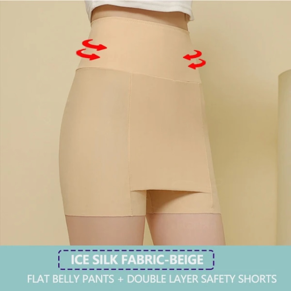 Ice Silk Hög midja Dam Magkontroll Seamless Shorts Dubbellager Under kjolen Boxer Skyddsbyxor Dam Shapewear BEIGE L