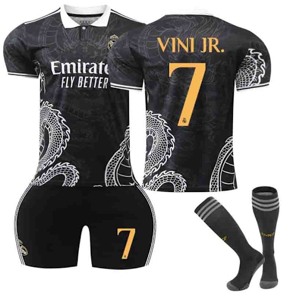 Real Madrid CF Dragon Svart Tröja NR.7 Vinicius Junior Tröjor Barn Vuxen Fotbollsutrustning med Strumpor 28