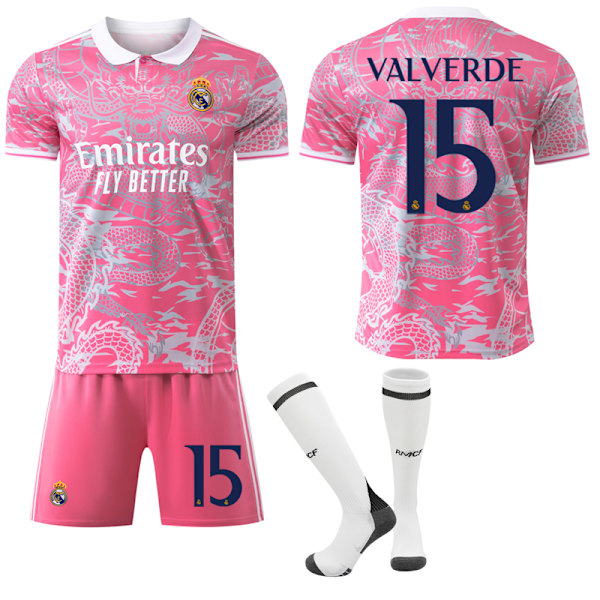 25-26 Real Madrid CF Rosa Drakmönster Special Anniversary Edition NO.15 VALVERDE Tröjor Barn Vuxen Fotbollsutrustning med Strumpor NO.15 S